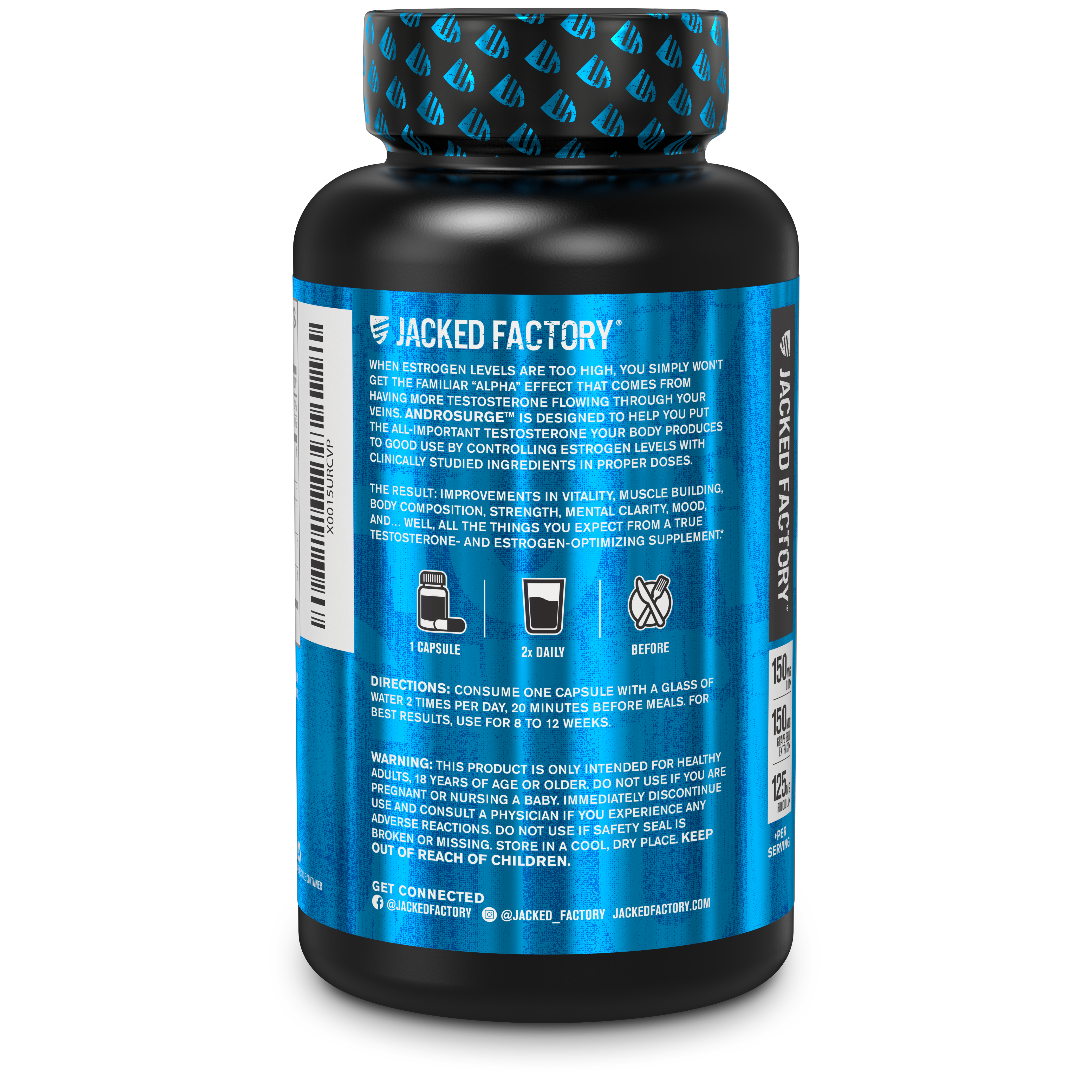 Side of Jacked Factory's Androsurge Estrogen blocker supplement, 60 capsules in a black bottle with blue label showing product description
