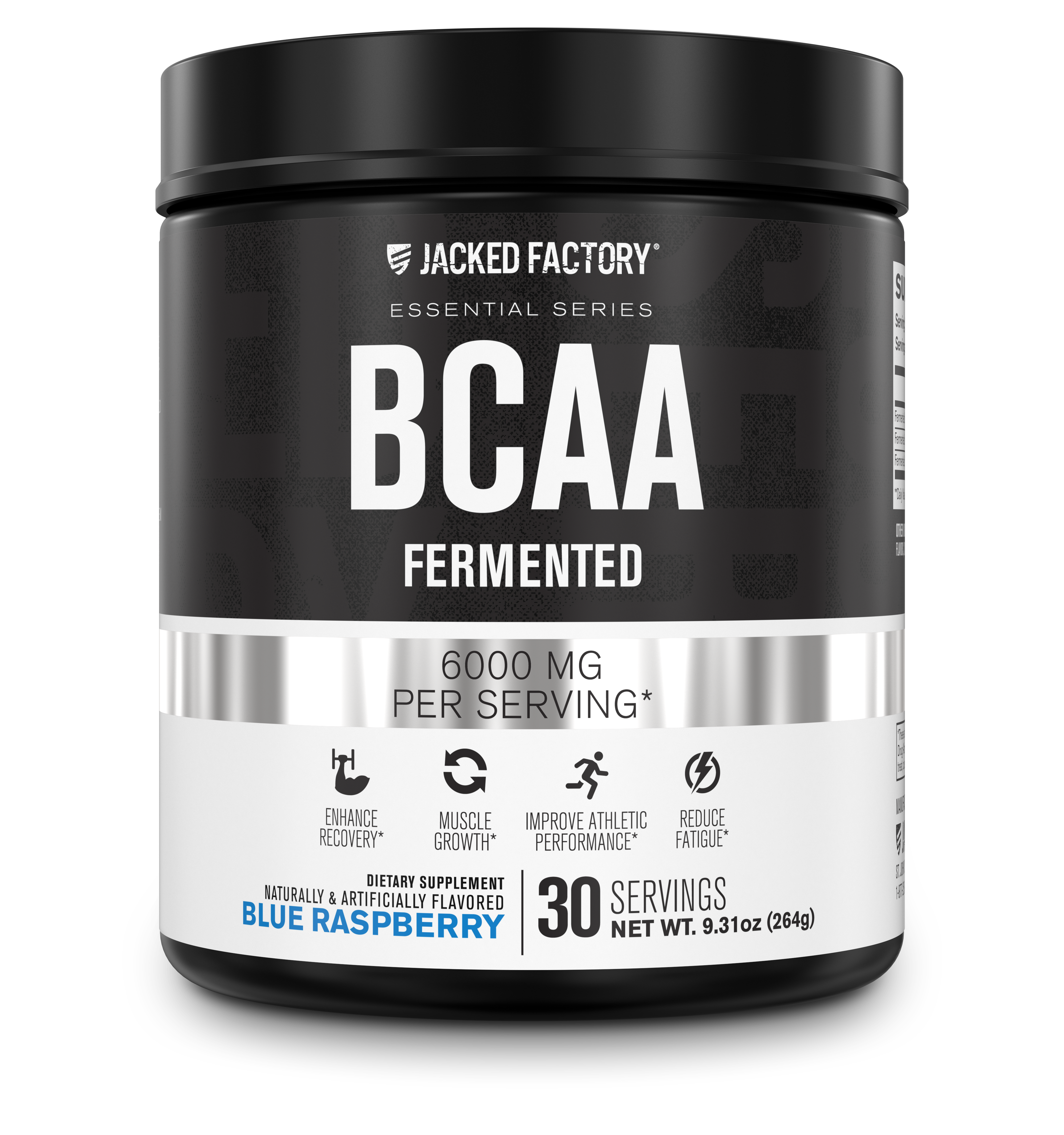 Jacked Factory's 30 servings blue raspberry BCAA Fermented 6000mg in a black bottle with a white and grey label