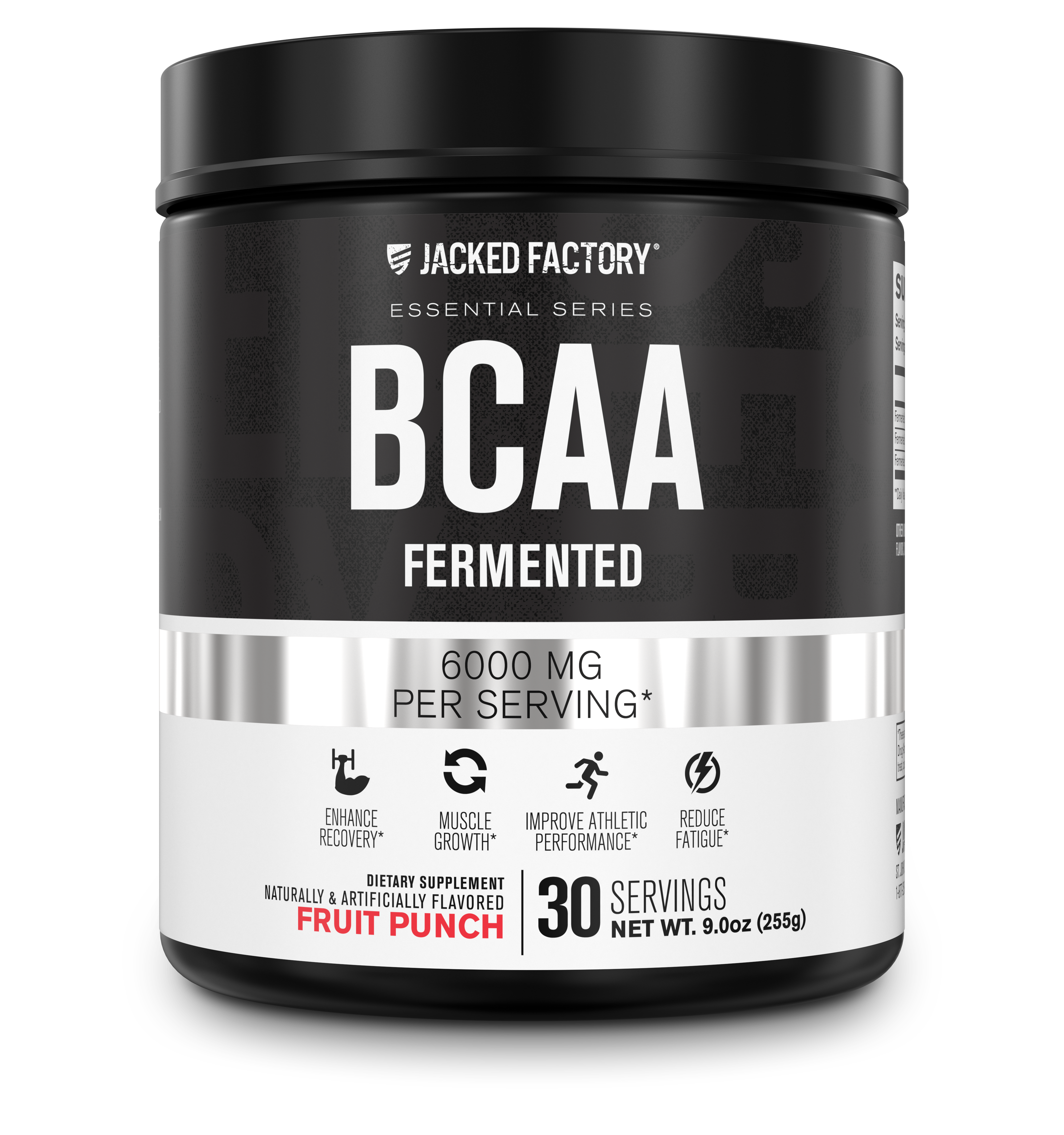 Jacked Factory's 30 servings fruit punch BCAA Fermented 6000mg in a black bottle with a white and grey label