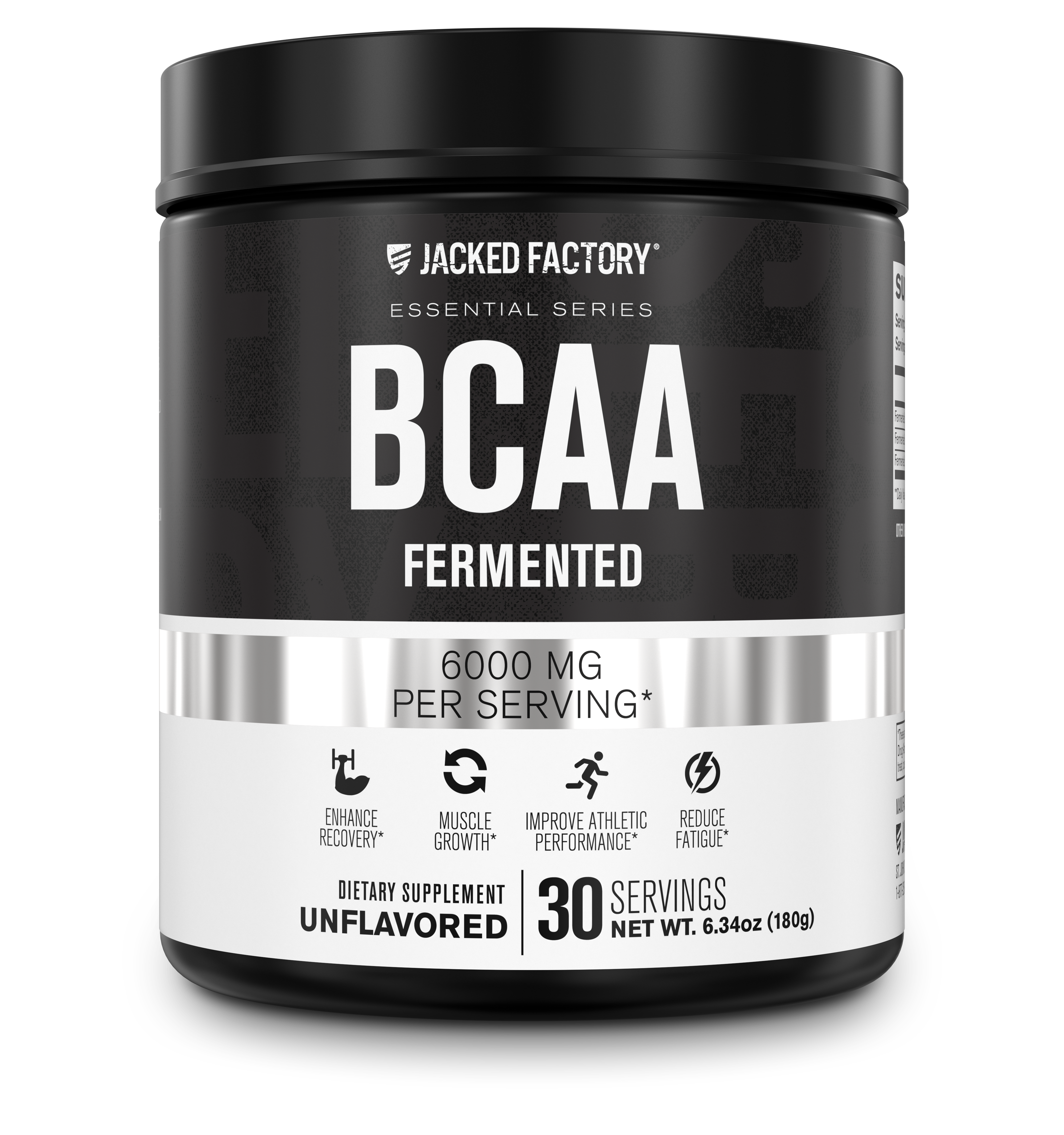 Jacked Factory's 30 servings unflavored BCAA Fermented 6000mg in a black bottle with a white and grey label