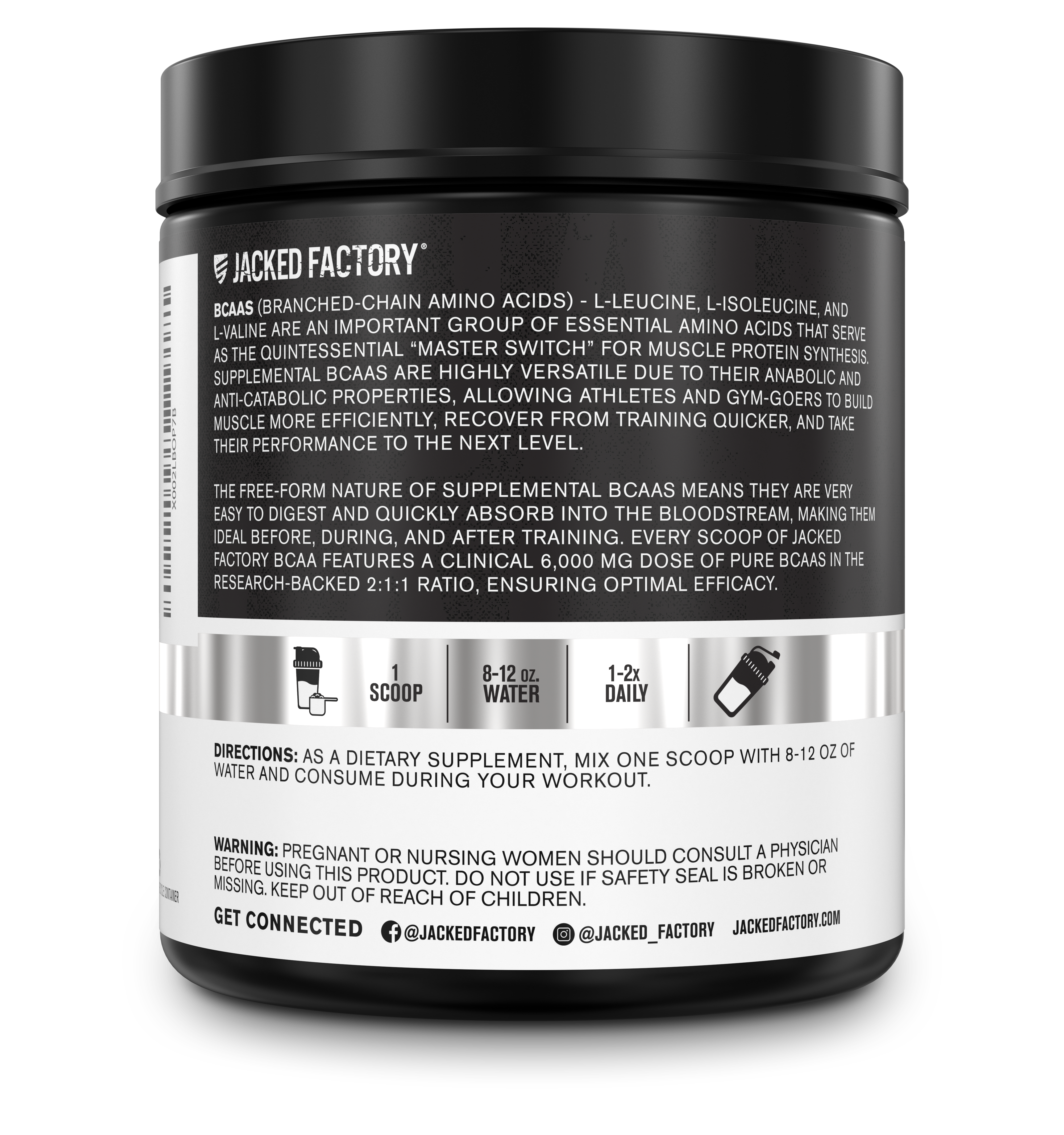 Side of Jacked Factory's 30 servings unflavored BCAA Fermented 6000mg in a black bottle with a white and grey label showing product description