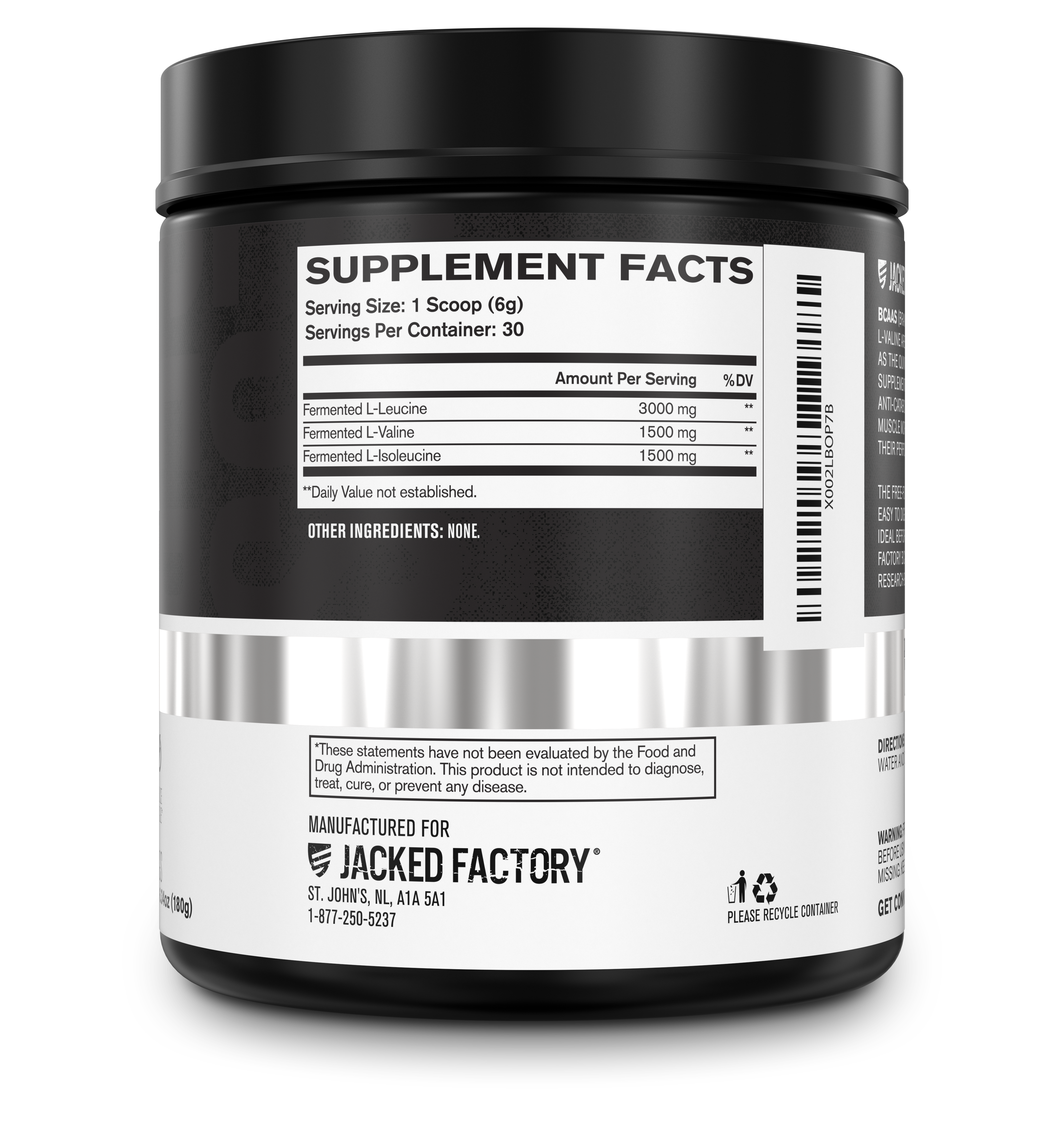 Side of Jacked Factory's 30 servings unflavored BCAA Fermented 6000mg in a black bottle with a white and grey label showing nutritional information