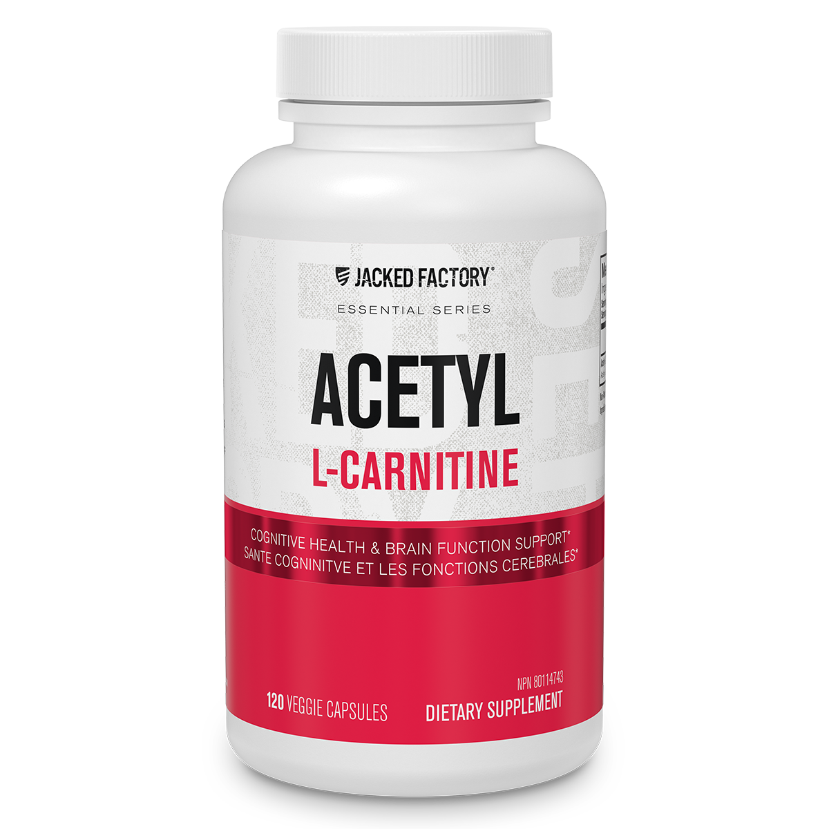 Jacked Factory's Acetyl L-Carnitine, 120 veggie capsules in a white bottle with red label