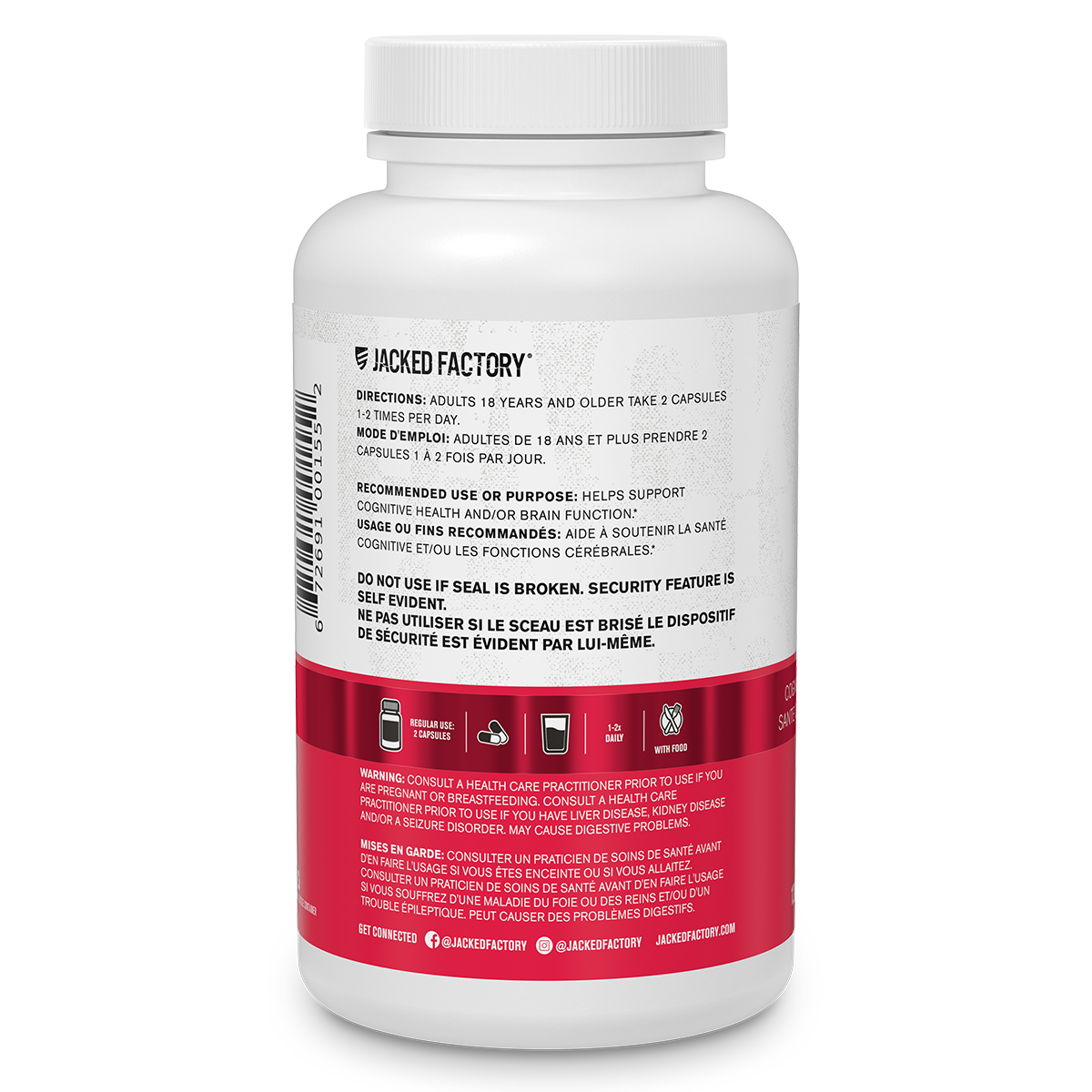 Back of Jacked Factory's Acetyl L-Carnitine, 120 veggie capsules in a white bottle with red labelling showing product description