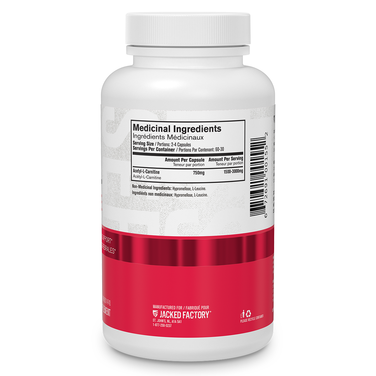 Side of Jacked Factory's Acetyl L-Carnitine, 120 veggie capsules in a white bottle with red labelling showing nutritional information